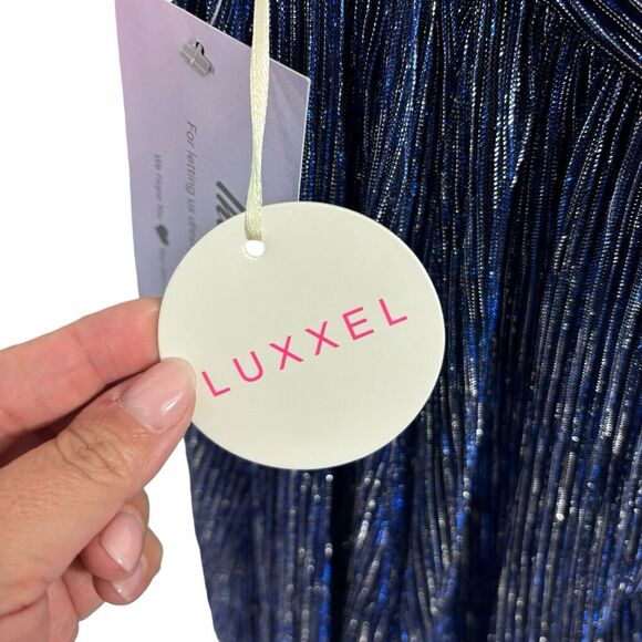 NWT Lulus Stunner Shiny Metallic Backless Maxi Dress Blue Prom Homecoming Size S - Picture 9 of 14